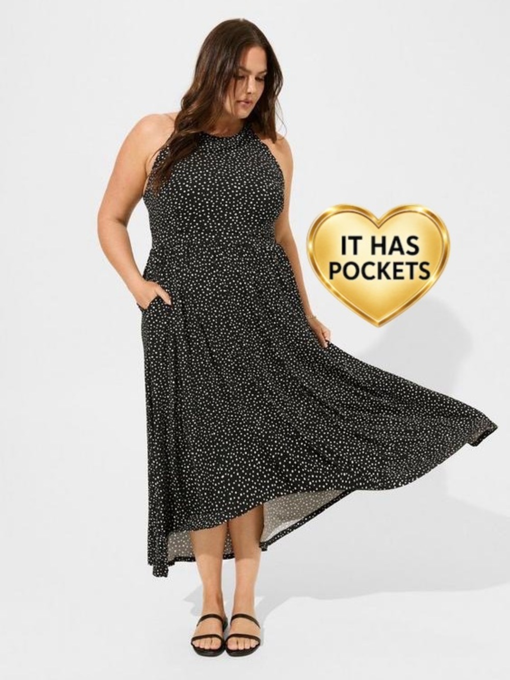 Torrid Plus-Size Black Polka Dot Halter Midi Dress with Pockets | 0X